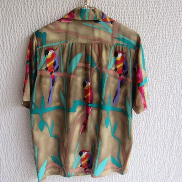 100% Silk Shirt Top Blouse M Vintage 80s Tropical Bird Parrots Ann May Wrap - Picture 10 of 11